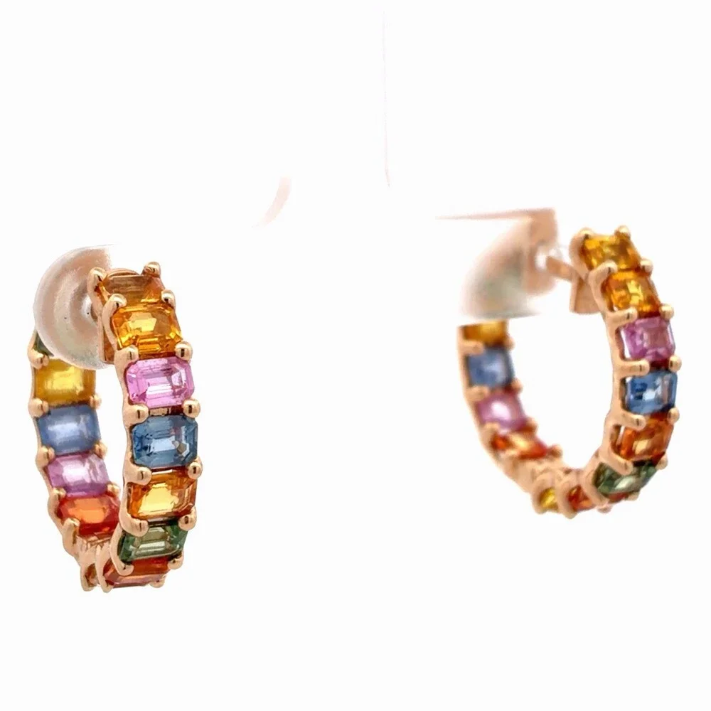 EFFY 14K Yellow Gold Emerald Cut Multicolor Sapphire Watercolors Hoop Earrings